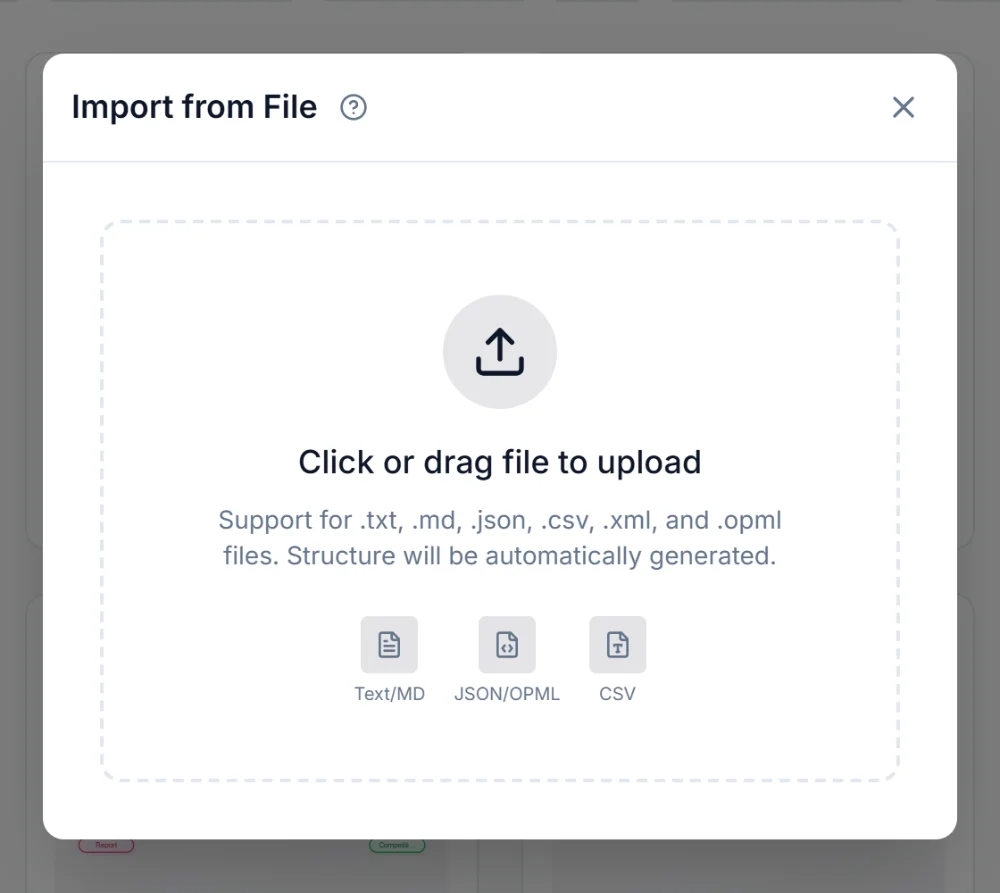 Import dialog that accepts text, Markdown, JSON, OPML, CSV and XML files